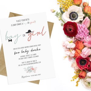 Derby Gender Reveal, Kentucky Derby Gender Reveal, Boy or Girl, Blue or Pink, Gender Reveal Invitation, Gender Reveal // 5x7 //  PRINTABLE