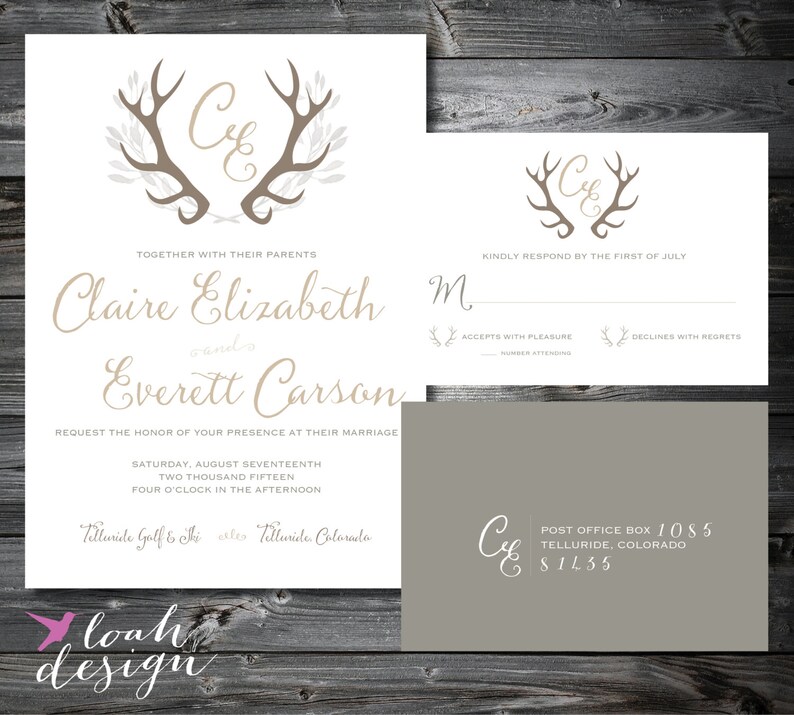 Rustic Antler Wedding Invitation Suite, Mountain Wedding Invitation, Rustic Wedding Set, Boho // RSVP, Directions // PRINTABLE or PRINTED image 2