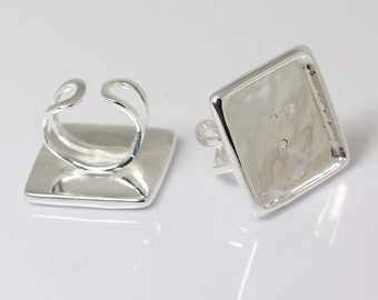 Square Ring Base Blanks Adjustable Size with 25mm Bezel Tray Material For Handmade Sterling Silver Plated ID 28989