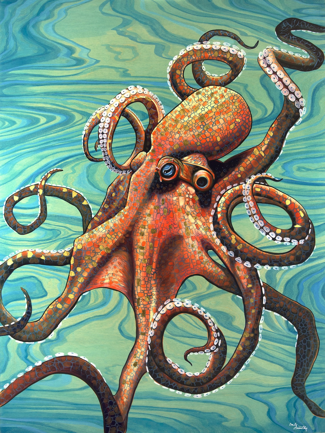 Neptune Octopus Original Acrylic Painting on Wood W/ Gold Leaf Etsy