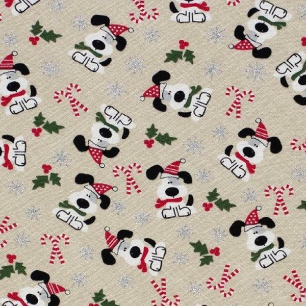 Clearance! I Woof You Dog Christmas Cream Glitter Holiday 100% Cotton Fabric by the yard candy cane holly snow