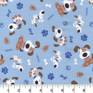 Puppy Dog Bark on Blue 100% Cotton Fabric Sold by the Yard Bones Paws ...