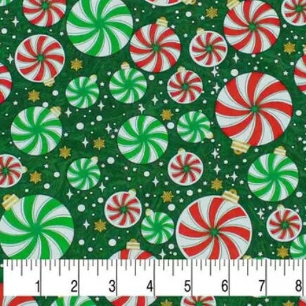 Clearance! Peppermint Ornaments Christmas 100% Cotton Fabric  - Winter Holiday Candy Large Print