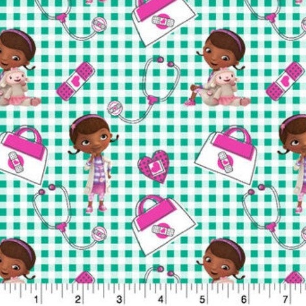 Doc Mcstuffins & Lambie Stethoscope 100% Cotton Fabric By The Yard Plaid Disney Time for Checkup