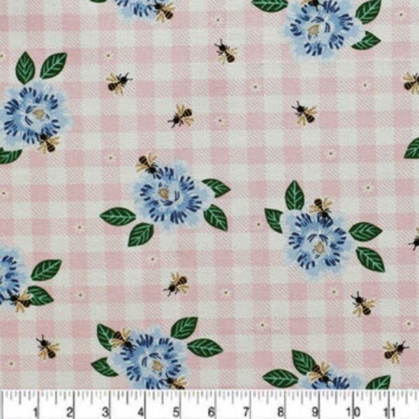 Clearance! Pink Faux Gingham with Blue Flowers 100% cotton quilting fabric Keepsake Calico