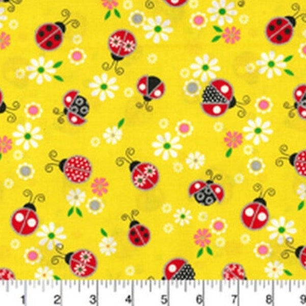 Glitter Ladybugs on Yellow 100% Quilting Cotton Fabric By The Yard daisy insect