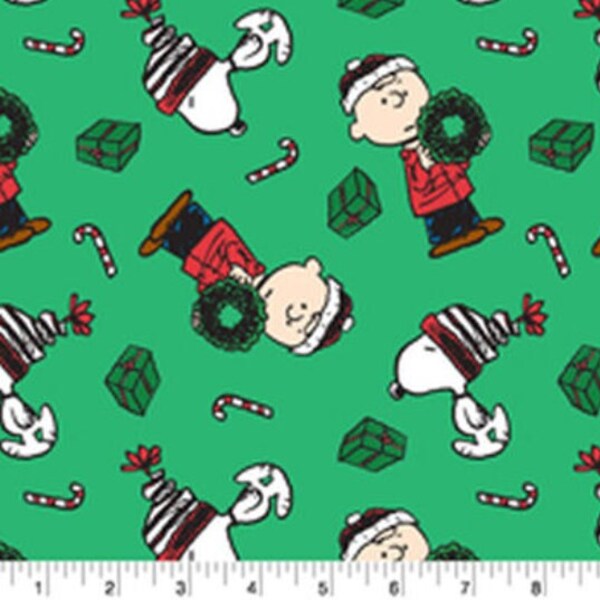 Sale! Christmas Peanuts Presents 100% Cotton Fabric Holiday Snoopy Charlie Brown Xmas Wreath Gift Candy Cane