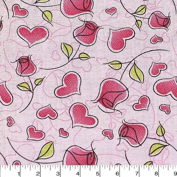 Valentine's Day Hearts and Roses on Pink 100% Cotton