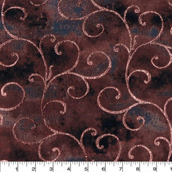 Rose Gold Swirls on Brown Blender 100% Cotton Fabric by the yard Autumn Quilting