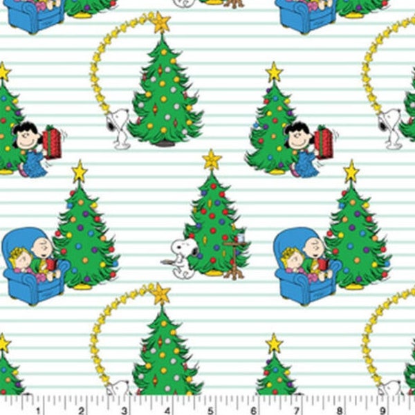 Sale! Peanuts Snoopy Christmas Tree Magic 100% Cotton Fabric Holiday Charlie Brown Xmas Lucy Sally Linus stripe