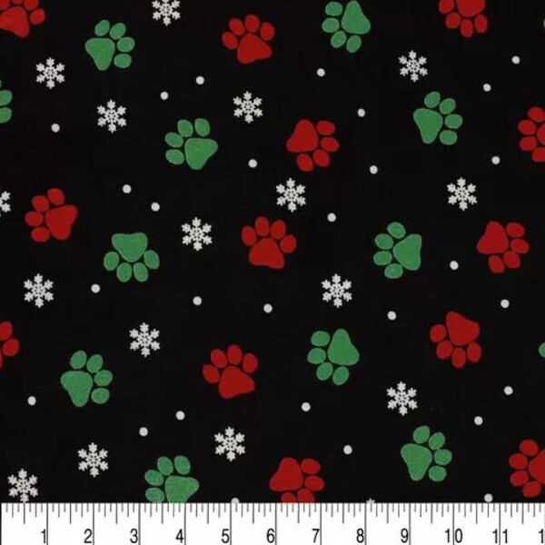 Clearance! Paw Prints in Red & Green on Black 100% Cotton Fabric by the yard