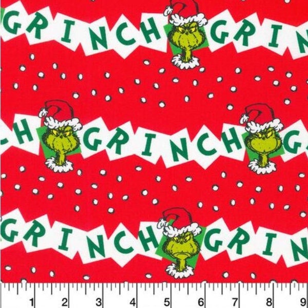 Sale! Grinch Face Horizontal Red 100% Cotton Fabric by the yard Christmas Holiday Xmas