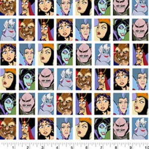 Disney Villains Grid Squares 100% Cotton Fabric by the yard Ursula Maleficent