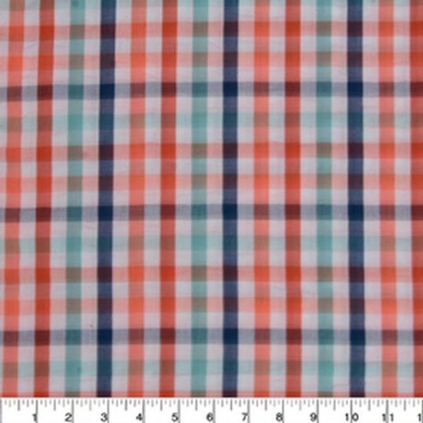 Clearance! Coral Blue White Gingham Seersucker 100% cotton fabric by the yard Plaid