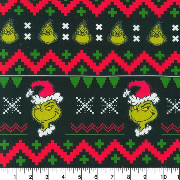 Sale! Grinch Ugly Sweater 100% Cotton Fabric by the yard Large Print Merry Grinchmas Christmas Xmas Whoville