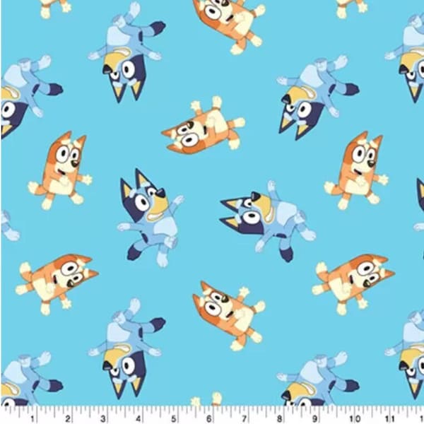 Bluey & Bingo on Turquoise 100% Cotton Quilting Fabric by the yard Ludo Studios