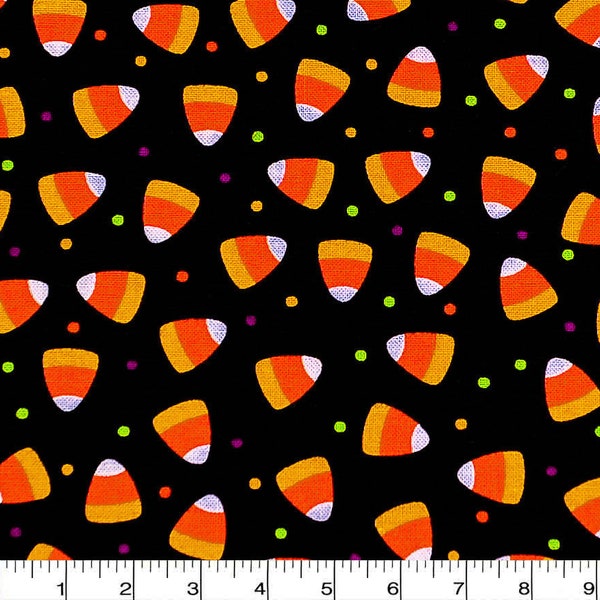 Candy Corn Dots on black 100% cotton fabric Halloween Candy!