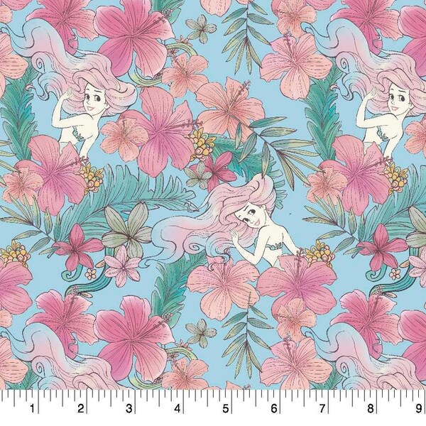Ariel Tropical Flower Disney's Little Mermaid Movie 100% Cotton Fabric By The Yard Princess Floral Line