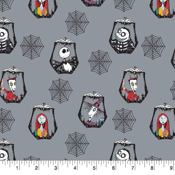 Jack Skellington Lock, Shock & Barrel Spider Web Badges Nightmare Before Christmas 100% Cotton Fabric By the Yard Sally