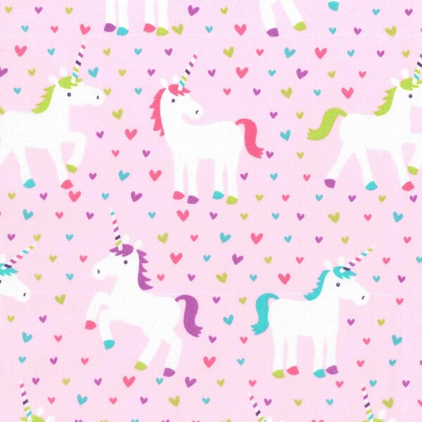 Clearance! Unicorns and Hearts on Pink 100% cotton fabric by the yard - purple blue green