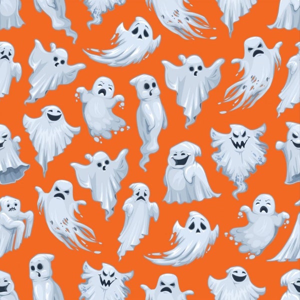 Eerie Ghosts Allover Halloween 100% Cotton Fabric by the yard MDG Orange White Spooky