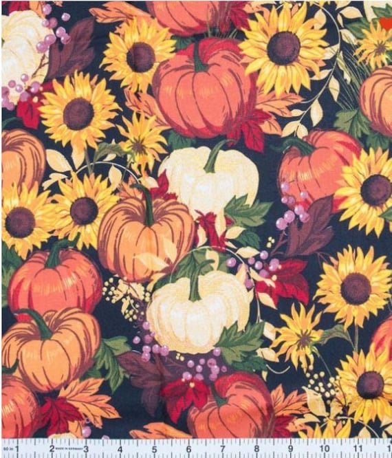 Clearance! Bountiful Harvest Metallic Fall Print 100% Cotton Quilting  Fabric sold by the yard Farm Pumpkin Thanksgiving Fall