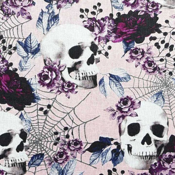 Skulls And Fall Floral Pink Halloween 100% Cotton Fabric by the yard LARGE Print day of dead Spider Web