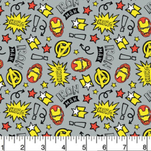 Iron Man Marvel Doodle Gray Superhero 100% Cotton Fabric - Avengers Comics Tony Stark by the yard