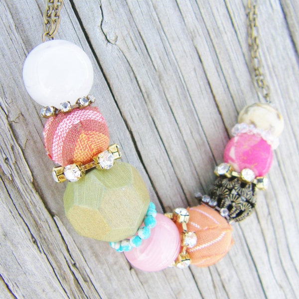 Vintage Necklace Colorful Chunky Beads Rhinestone Spacers Fabric Covered Beads Statement Necklace
