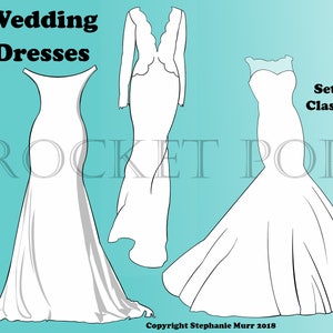 Puede incluir: Tres vestidos de novia blancos, uno con una falda larga y fluida, otro con un corpiño ajustado y una falda completa, y el último con una silueta de sirena. Los vestidos están sobre un fondo azul claro con el texto "Wedding Dresses" y "Set 2: Classics" en negro.