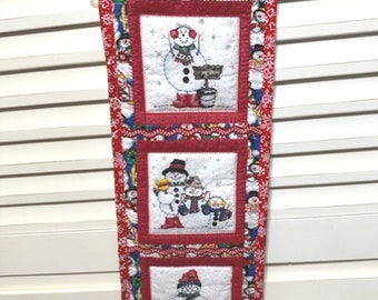 SNOWMAN SKINNY QUILT, Fabric Prints, Embellishments, Winter Theme, Hanger Included, Hostess Gift