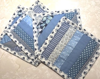 4 BLUE PATCHWORK, Mug MATS, Set of Four, Quilted, Hostess Gift, Birthday, Bridal Showers, Thank you Gifts