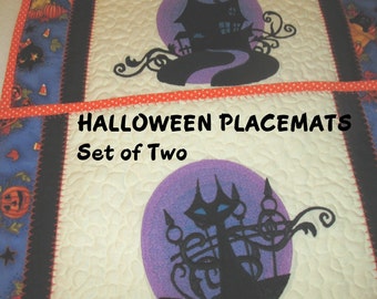 HALLOWEEN, PLACEMATS, BLACK, Set of Two, Machine Embroidered, Quilted, Home Decor, Holiday Décor, Hostess Gift, Party Decor, Photo Prop