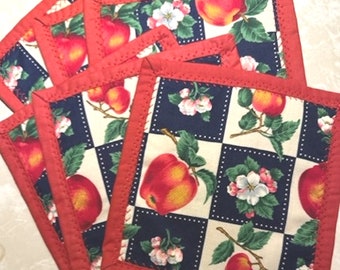 APPLES MUGSTERS, SET of Six, Red Apple Theme,  Mug Mats, Coasters, Mug Rugs, Great Quick Gift, Hostess Gift, Birthday Present, Bridal Shower