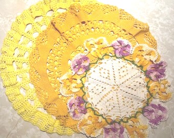 Doilies Bundle, Three Pieces, Yellow Gold Pansies, Vintage Crochet, Good Condition