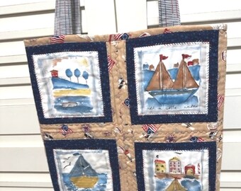 LARGE TOTE BAG, Beach Bag, Nautical Theme, Quilted and Lined, Inside Pockets, Shoulder Straps, Mothers Day Gift