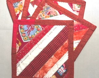 RED MUG RUGS, Quilted Patchwork, Set of Four, Mug Mats, Coasters, Quick Gifts, Hostess Gift, Mothers Day