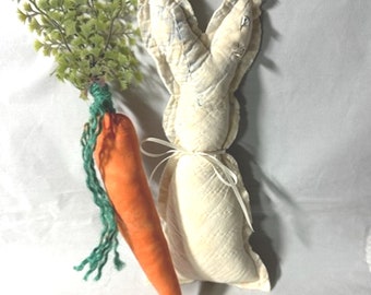 CLEARANCE QUILT BUNNY, Stuffed Fabric Carrot, Set of 2 Pieces, Country Decor, Hostess Gift for Gardner, Seasonal Decor