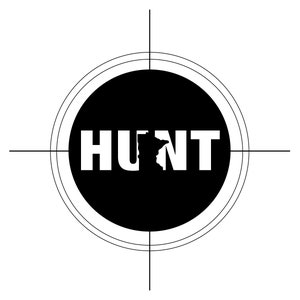 May include: A black and white graphic design with a target symbol and the word "HUNT" in white letters. The state of Minnesota is inside the "U".