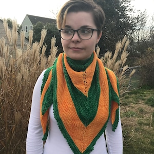 May include: A knitted shawl in a triangular shape, featuring alternating stripes of green and orange. The shawl is worn around the neck and shoulders, with a green border. The background includes tall grass and a house.