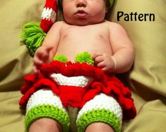 Crochet Baby Elf Christmas Hat, Bloomers & Legwarmers Photo Prop Set Instant Download PDF File Pattern