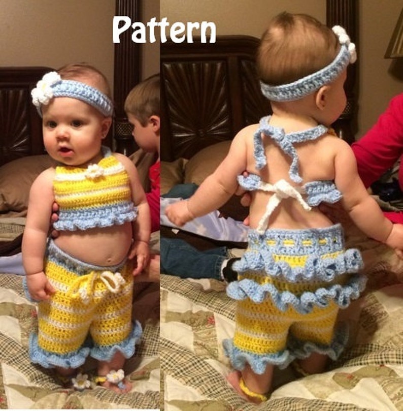 4 Piece Photo Prop Baby Daisy Halter Top, Capri Pants, Toe Sandals and Headband Set Instant Download PDF Pattern image 1