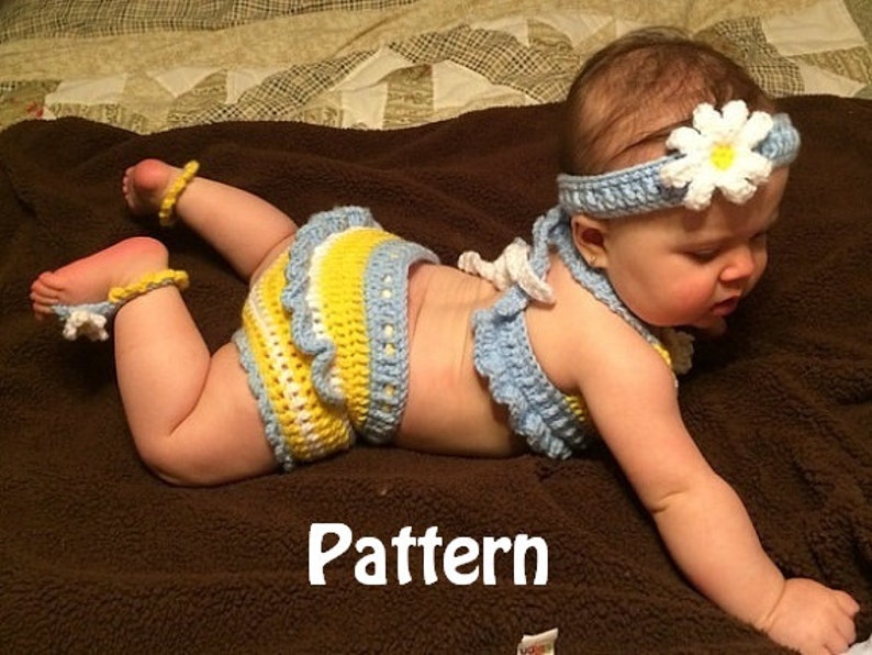 4 Piece Photo Prop Baby Halter Top, Ruffled Bloomers, Toe Sandals and Headband Set Instant Download PDF Pattern image 1