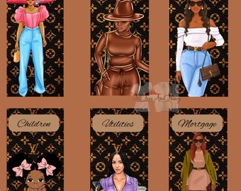 Cash Envelops, Budget in Fashion,  CLASSIC dark-tone Cash Stuffer Design and Melanated Beauties. Envelopes will fit an A6 Binder