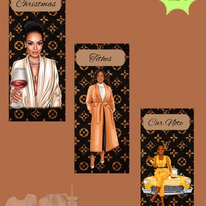 May include: Three printable cash envelope designs with a black and gold pattern. The envelopes feature illustrations of women in different outfits. The first envelope says "Christmas", the second says "Tithes", and the third says "Car Note".