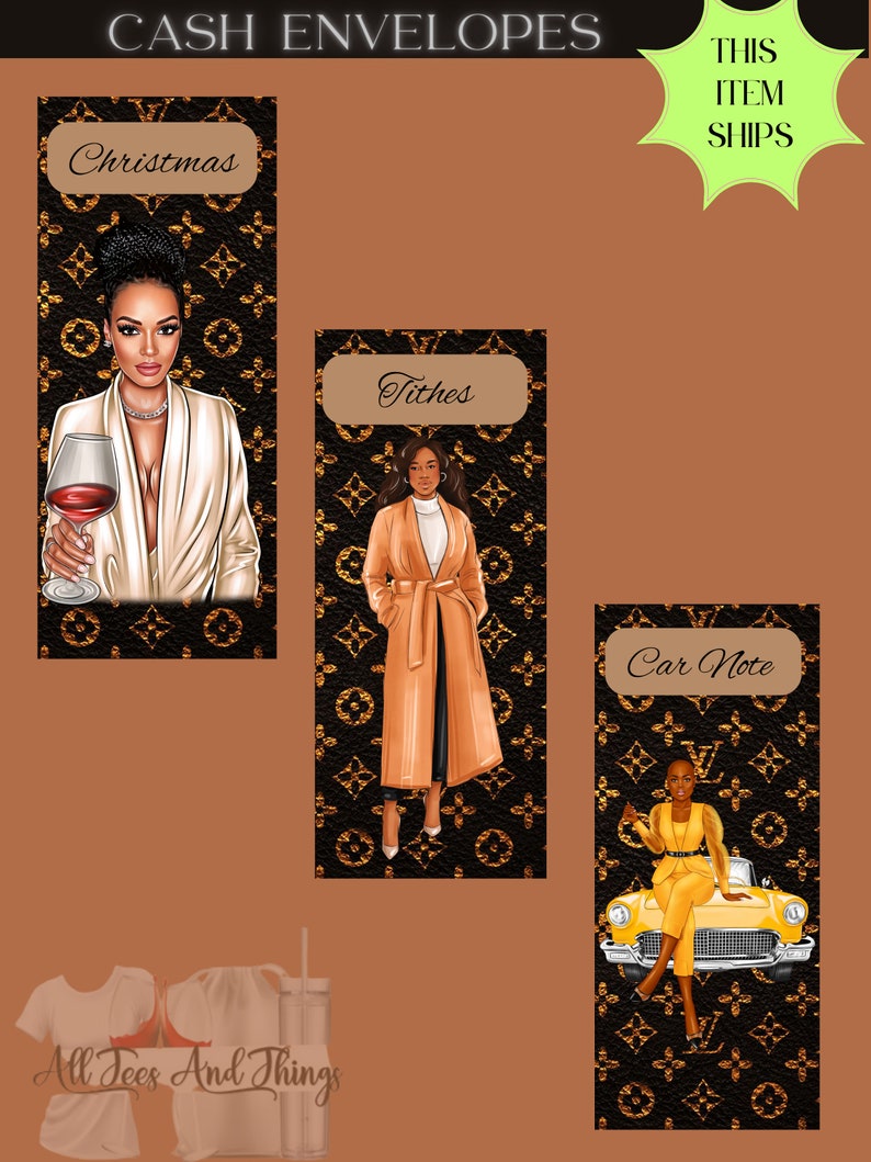 May include: Three printable cash envelope designs with a black and gold pattern. The envelopes feature illustrations of women in different outfits. The first envelope says "Christmas", the second says "Tithes", and the third says "Car Note".