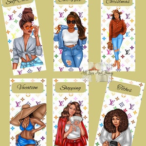 Buste portasoldi, economiche e alla moda, con design colorato e bellezze melanate in denim. Le buste sono adatte a un raccoglitore A6.