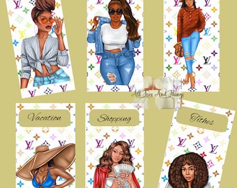 May include: Six colorful cash envelopes with a Louis Vuitton pattern and illustrations of women in different outfits. The envelopes are labeled: Self-Care, Car Note, Christmas, Vacation, Shopping, and Tithes.
