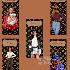 May include: Six colorful cash envelopes with a black and gold Louis Vuitton pattern. Each envelope features a different category: Shopping, Household, Groceries, Gym, Me-Time, and All Tees And Things.