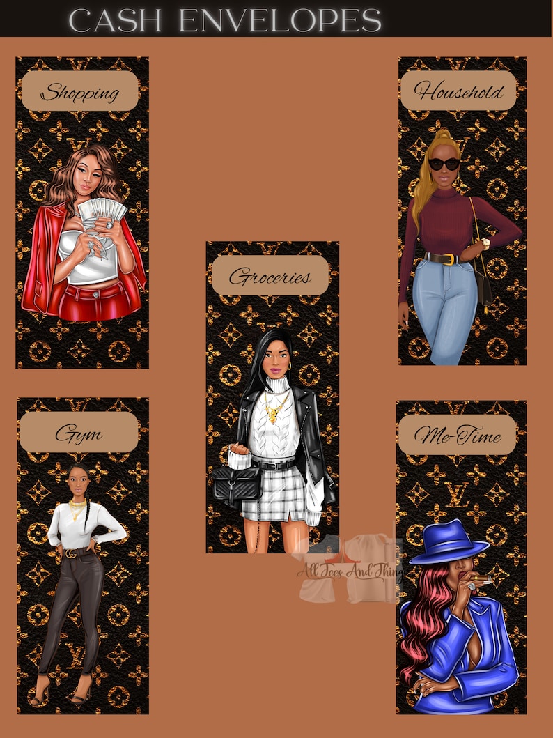 May include: Six colorful cash envelopes with a black and gold Louis Vuitton pattern. Each envelope features a different category: Shopping, Household, Groceries, Gym, Me-Time, and All Tees And Things.